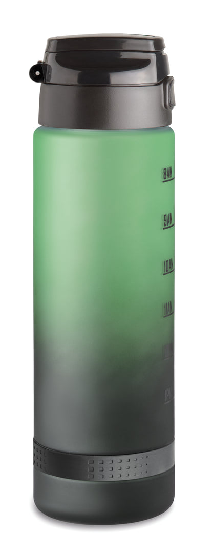 Sport-Trinkflasche aus RPET. Motivierende Zeitmarkierung einhändig zu öffnender Flip-Top-Deckel Sicherheitsverschluss und Henkel.
