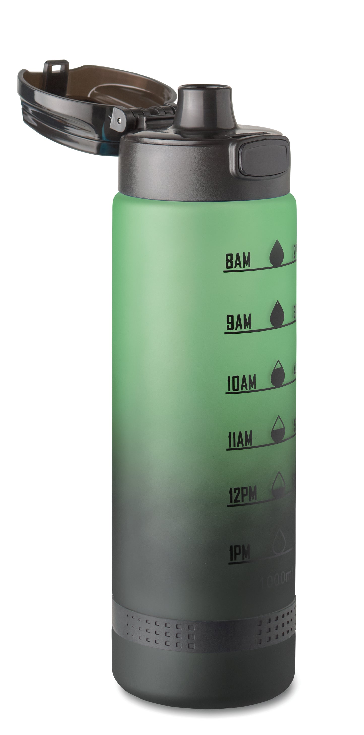 Sport-Trinkflasche aus RPET. Motivierende Zeitmarkierung einhändig zu öffnender Flip-Top-Deckel Sicherheitsverschluss und Henkel.
