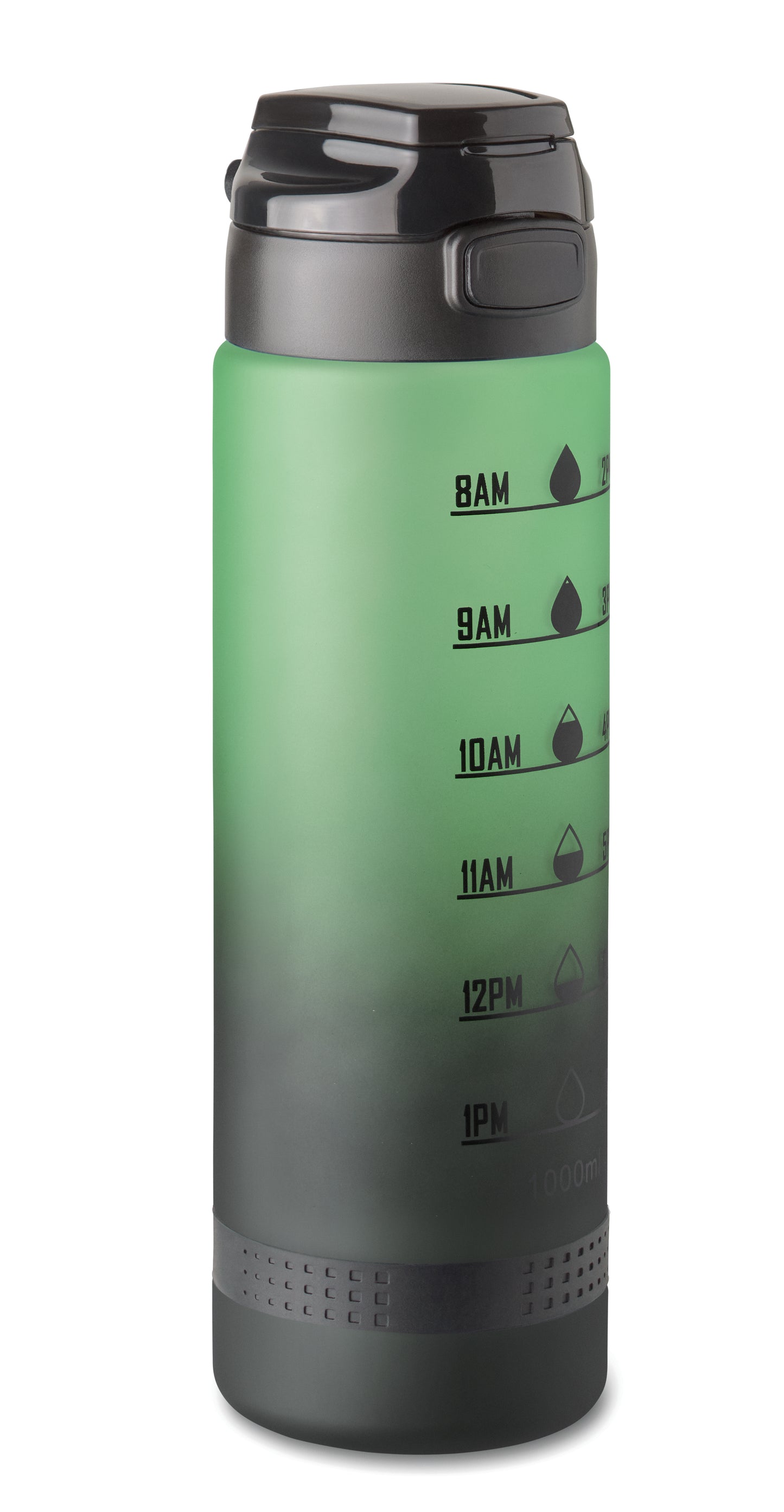 Sport-Trinkflasche aus RPET. Motivierende Zeitmarkierung einhändig zu öffnender Flip-Top-Deckel Sicherheitsverschluss und Henkel.