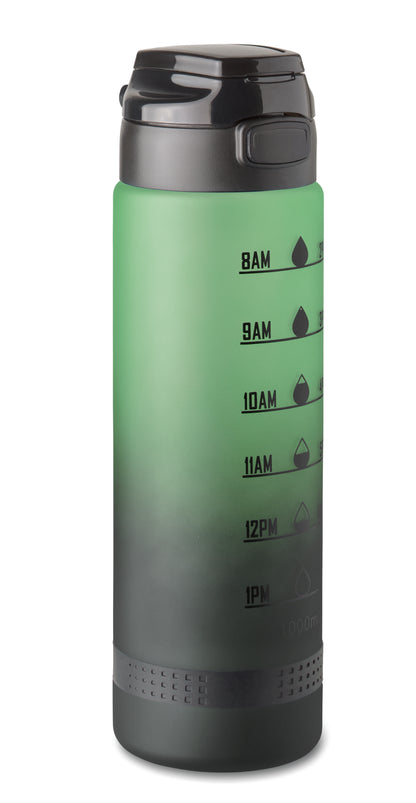 Sport-Trinkflasche aus RPET. Motivierende Zeitmarkierung einhändig zu öffnender Flip-Top-Deckel Sicherheitsverschluss und Henkel.