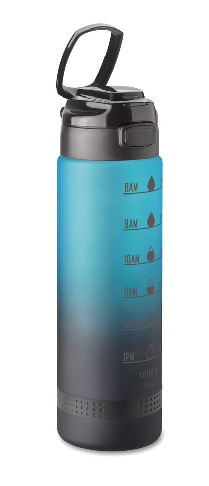 Sport-Trinkflasche aus RPET. Motivierende Zeitmarkierung einhändig zu öffnender Flip-Top-Deckel Sicherheitsverschluss und Henkel.