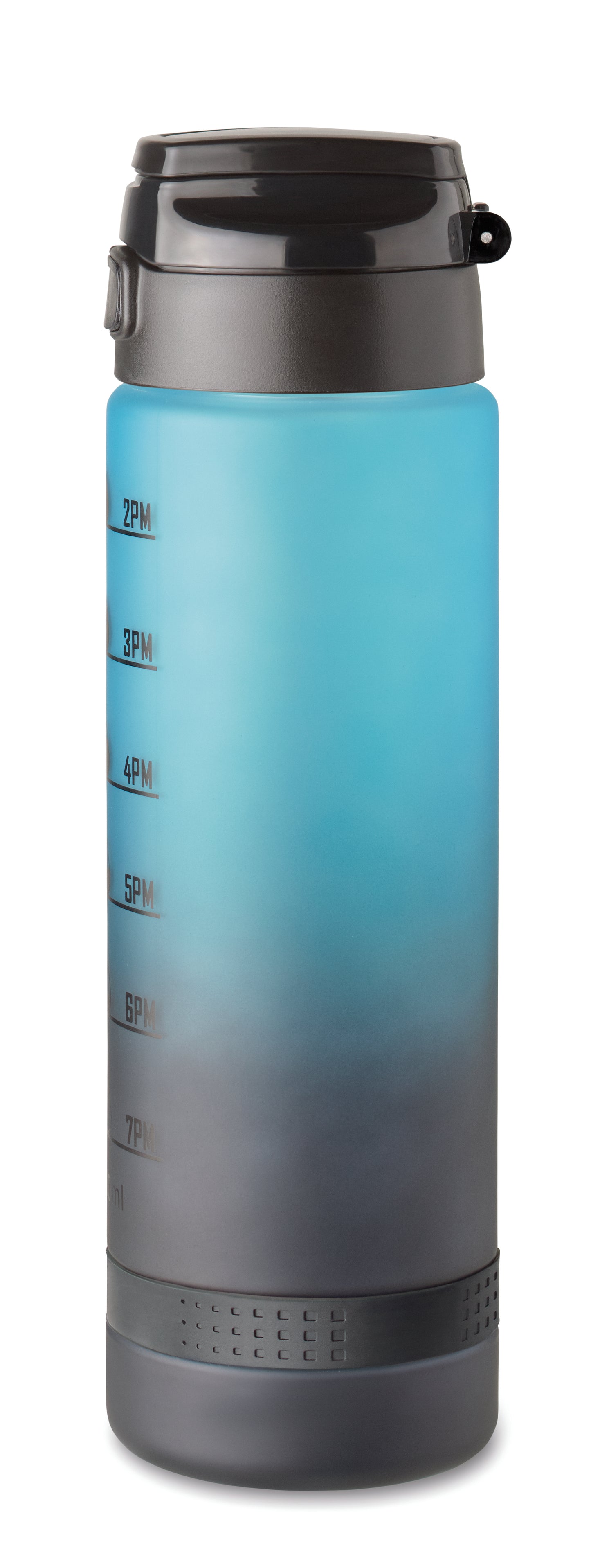 Sport-Trinkflasche aus RPET. Motivierende Zeitmarkierung einhändig zu öffnender Flip-Top-Deckel Sicherheitsverschluss und Henkel.