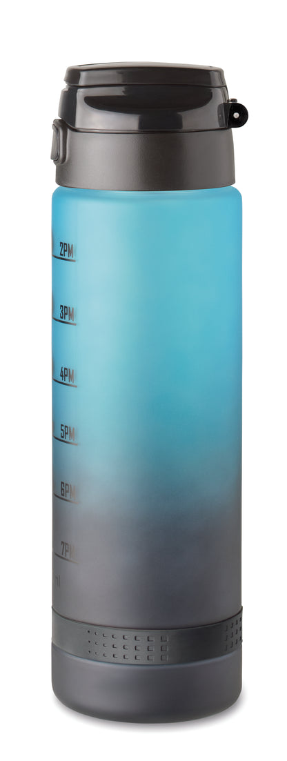 Sport-Trinkflasche aus RPET. Motivierende Zeitmarkierung einhändig zu öffnender Flip-Top-Deckel Sicherheitsverschluss und Henkel.
