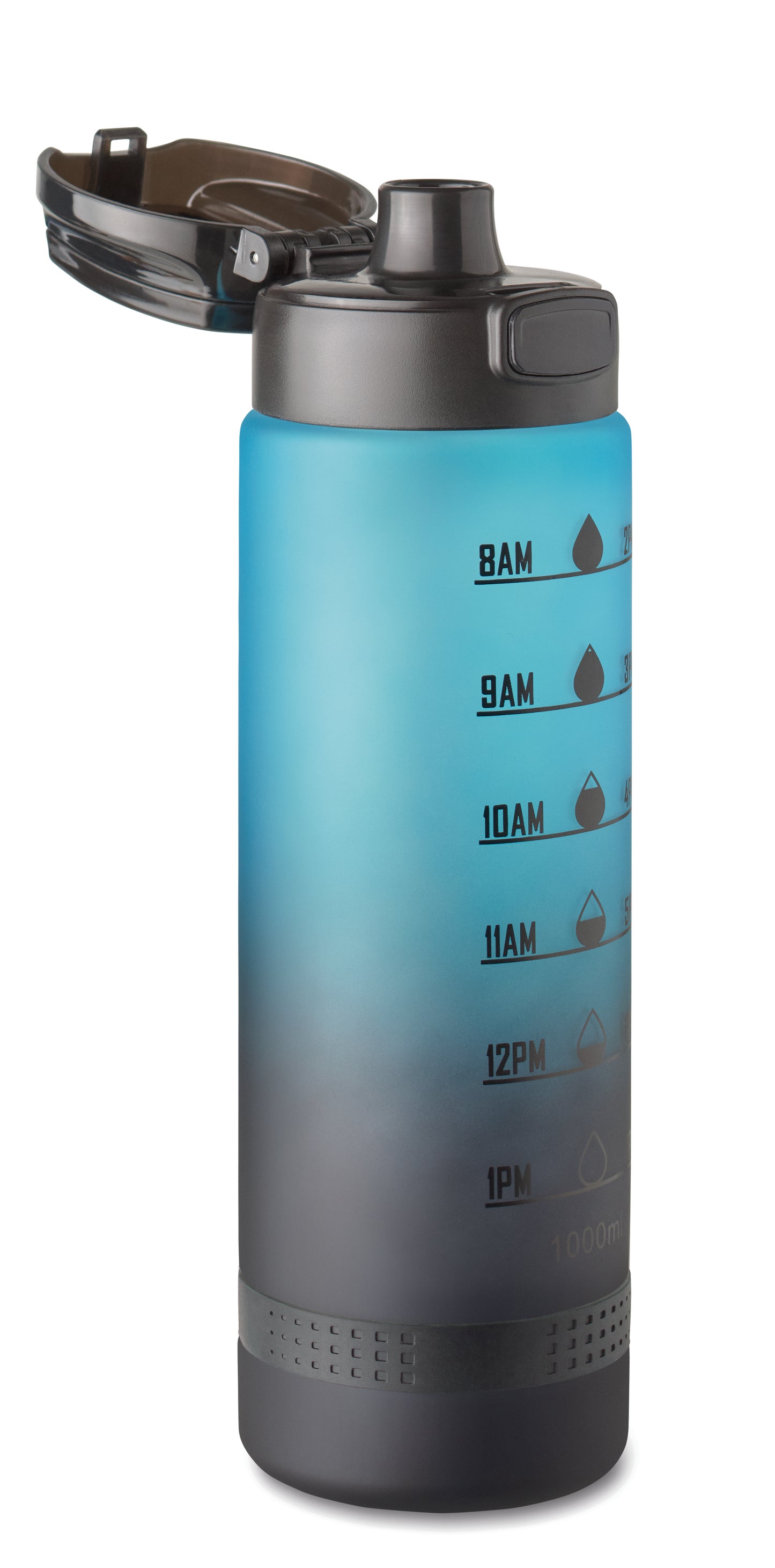 Sport-Trinkflasche aus RPET. Motivierende Zeitmarkierung einhändig zu öffnender Flip-Top-Deckel Sicherheitsverschluss und Henkel.