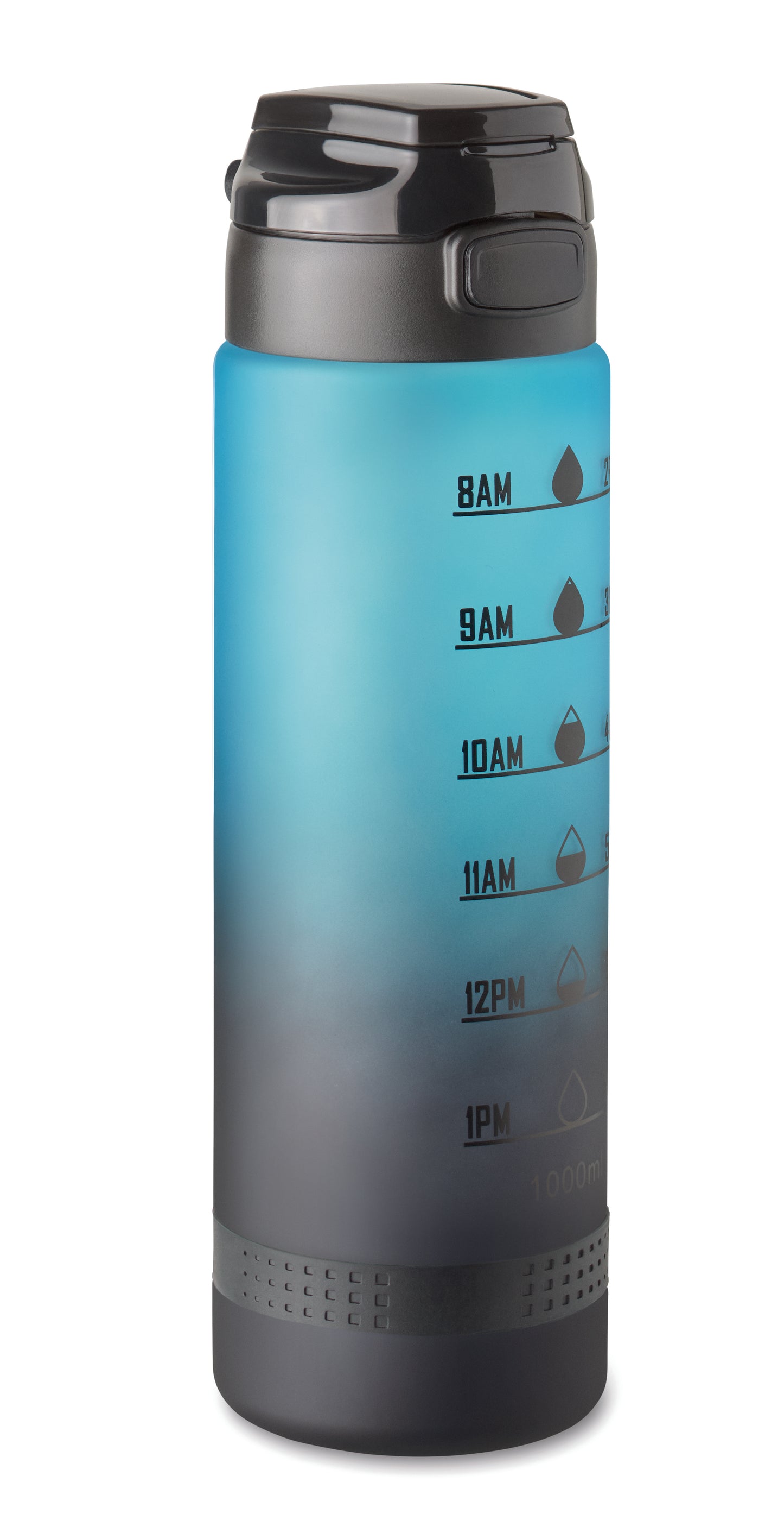 Sport-Trinkflasche aus RPET. Motivierende Zeitmarkierung einhändig zu öffnender Flip-Top-Deckel Sicherheitsverschluss und Henkel.