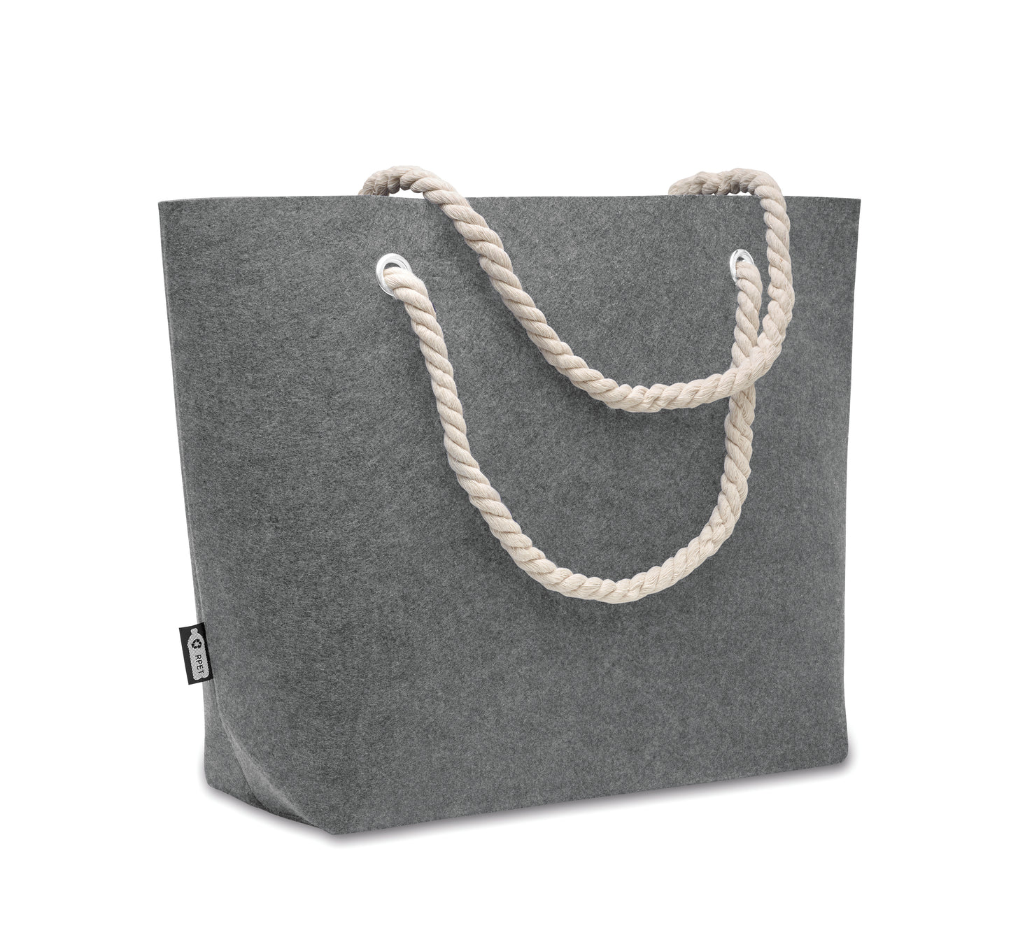 Einkaufs- oder Strandtasche aus RPET-Filz mit Kordelgriff. Filzstärke: 2 mm.
