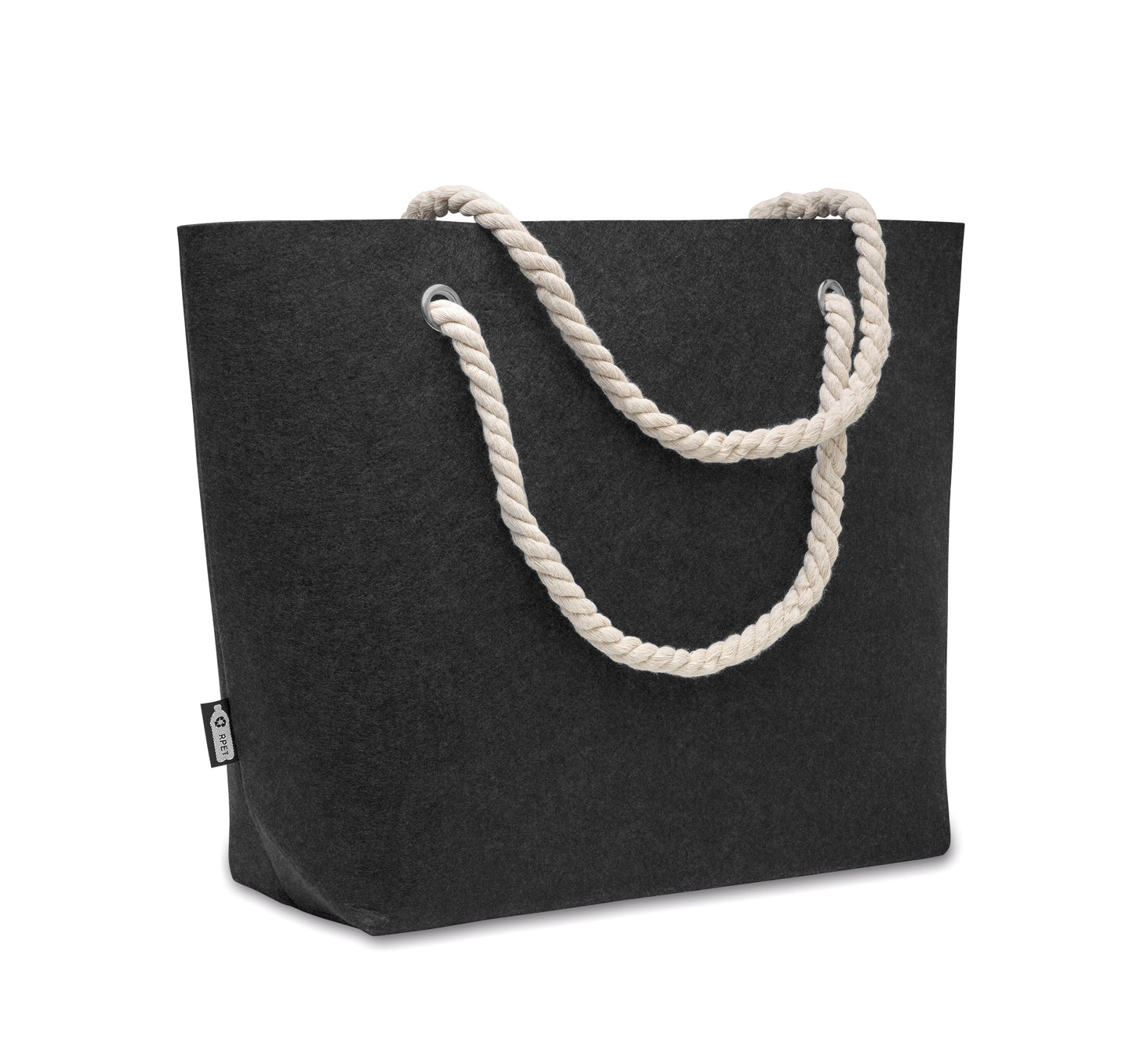Einkaufs- oder Strandtasche aus RPET-Filz mit Kordelgriff. Filzstärke: 2 mm.