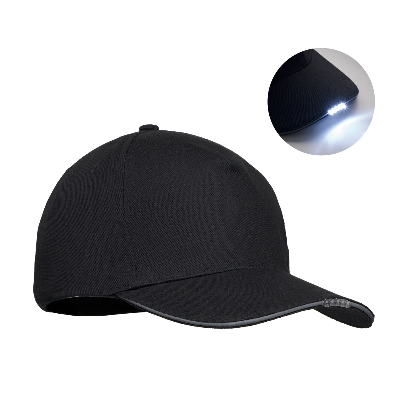 Baseball Kappe aus Baumwolle 220g/m². 5 Panels. 5 LED Leuchten im Kappenschirm.