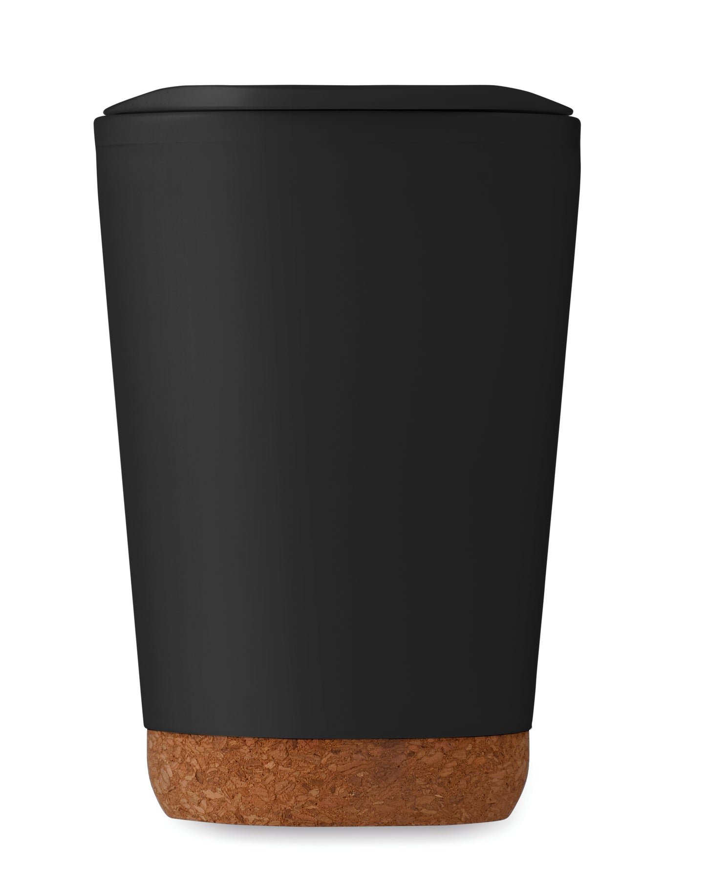 Doppelwandiger Becher aus PP mit Korkboden. Trinköffnung im Deckel aus PS. Füllmenge: