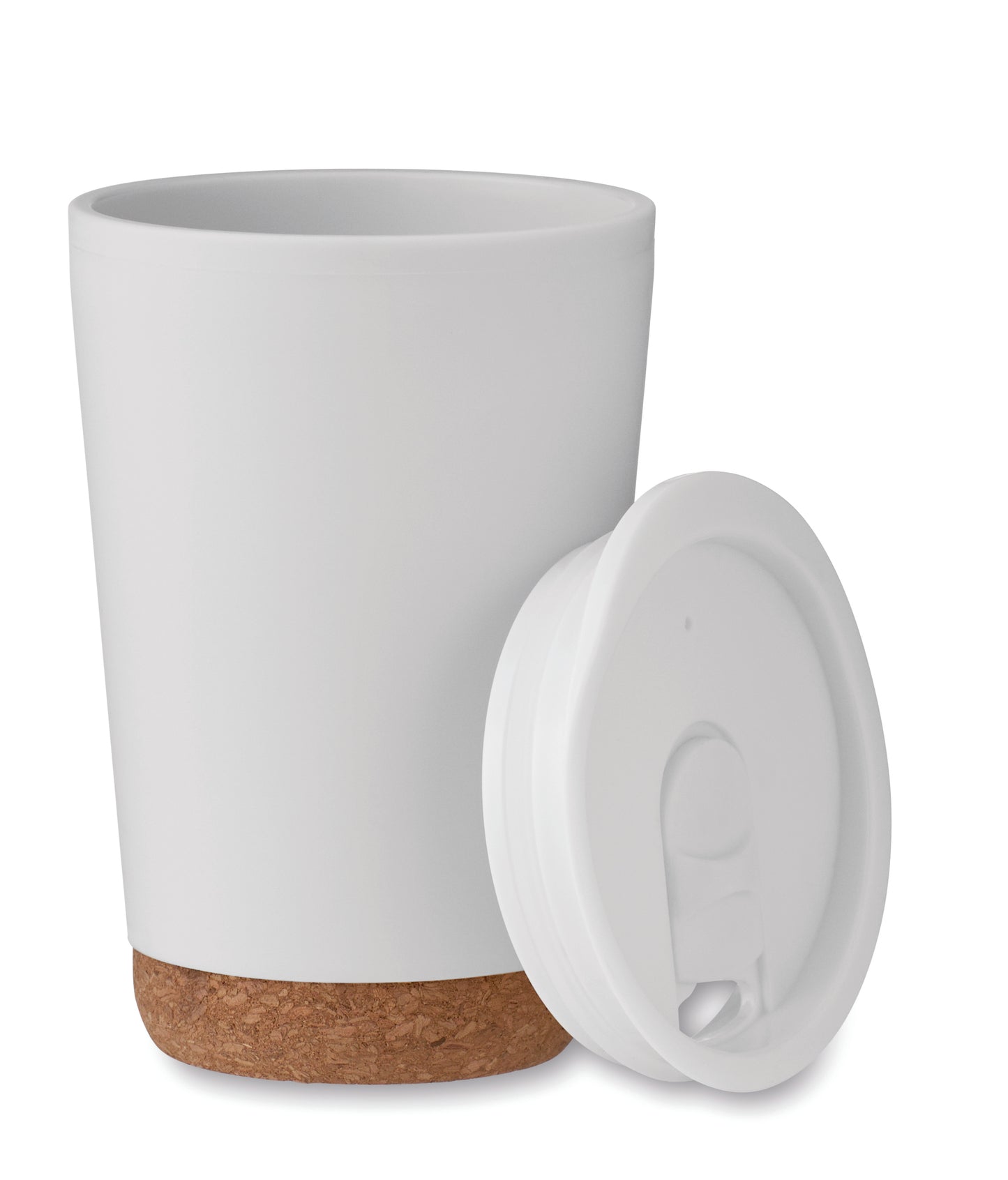 Doppelwandiger Becher aus PP mit Korkboden. Trinköffnung im Deckel aus PS. Füllmenge: