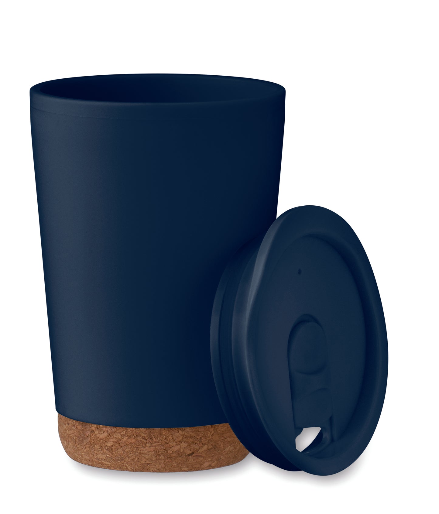 Doppelwandiger Becher aus PP mit Korkboden. Trinköffnung im Deckel aus PS. Füllmenge: