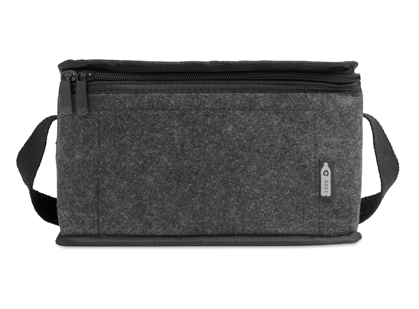 Kühltasche aus RPET-Filz mit Fronttasche. 1mm RPET-Filz- und isolierende 3 mm Aluminiumfolie.