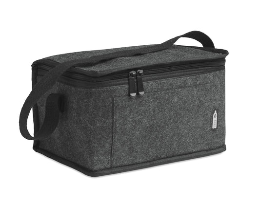 Kühltasche aus RPET-Filz mit Fronttasche. 1mm RPET-Filz- und isolierende 3 mm Aluminiumfolie.