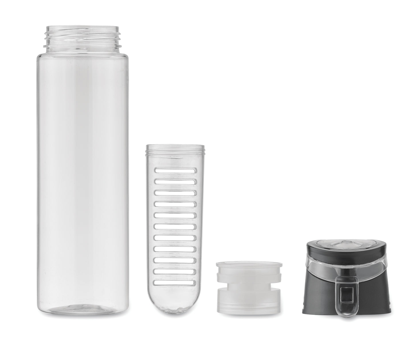 Trinkflasche aus RPET mit entnehmbarem Frucht-Aromafach. Henkel und auslaufsicherer Deckel. Füllmenge: 500
