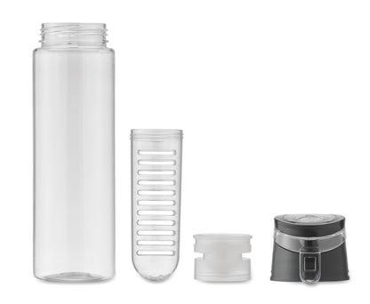 Trinkflasche aus RPET mit entnehmbarem Frucht-Aromafach. Henkel und auslaufsicherer Deckel. Füllmenge: 500