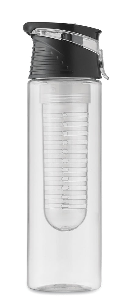 Trinkflasche aus RPET mit entnehmbarem Frucht-Aromafach. Henkel und auslaufsicherer Deckel. Füllmenge: 500