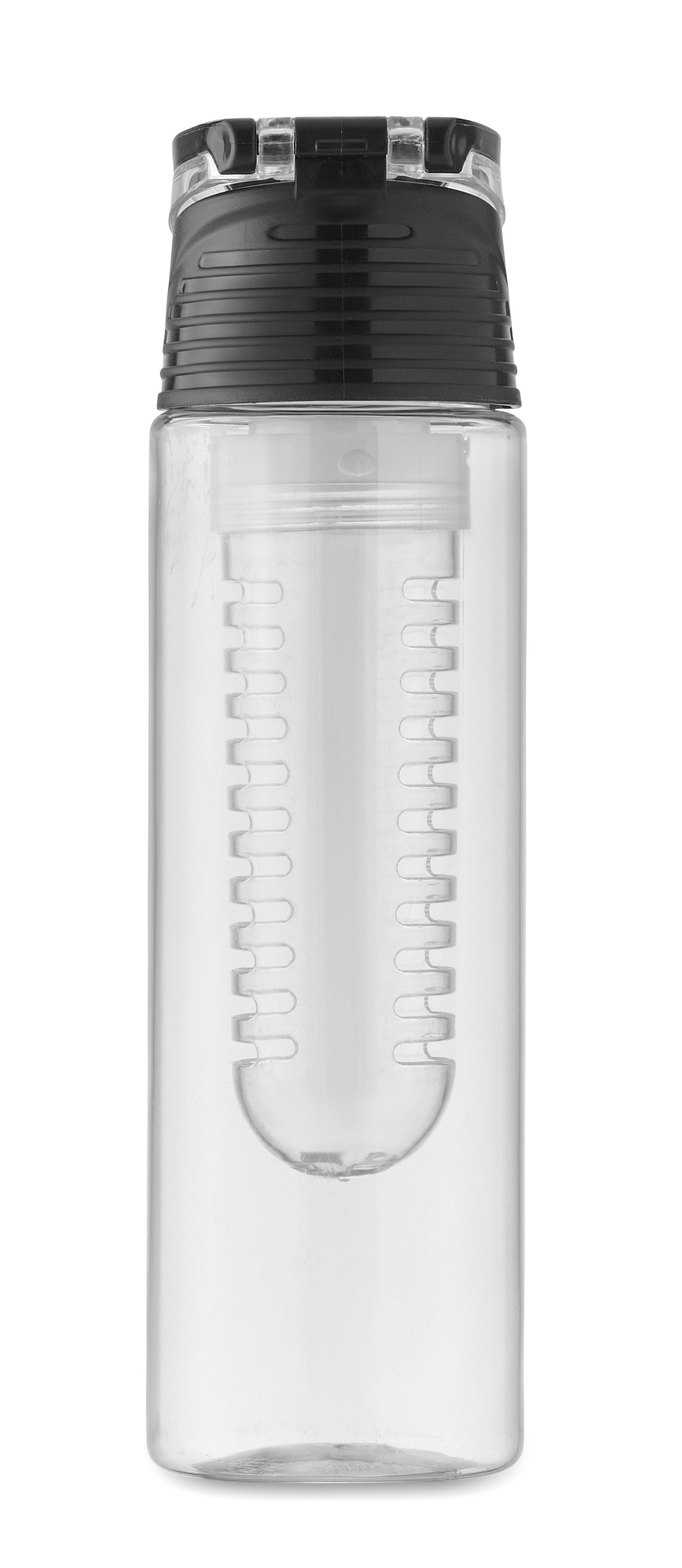 Trinkflasche aus RPET mit entnehmbarem Frucht-Aromafach. Henkel und auslaufsicherer Deckel. Füllmenge: 500