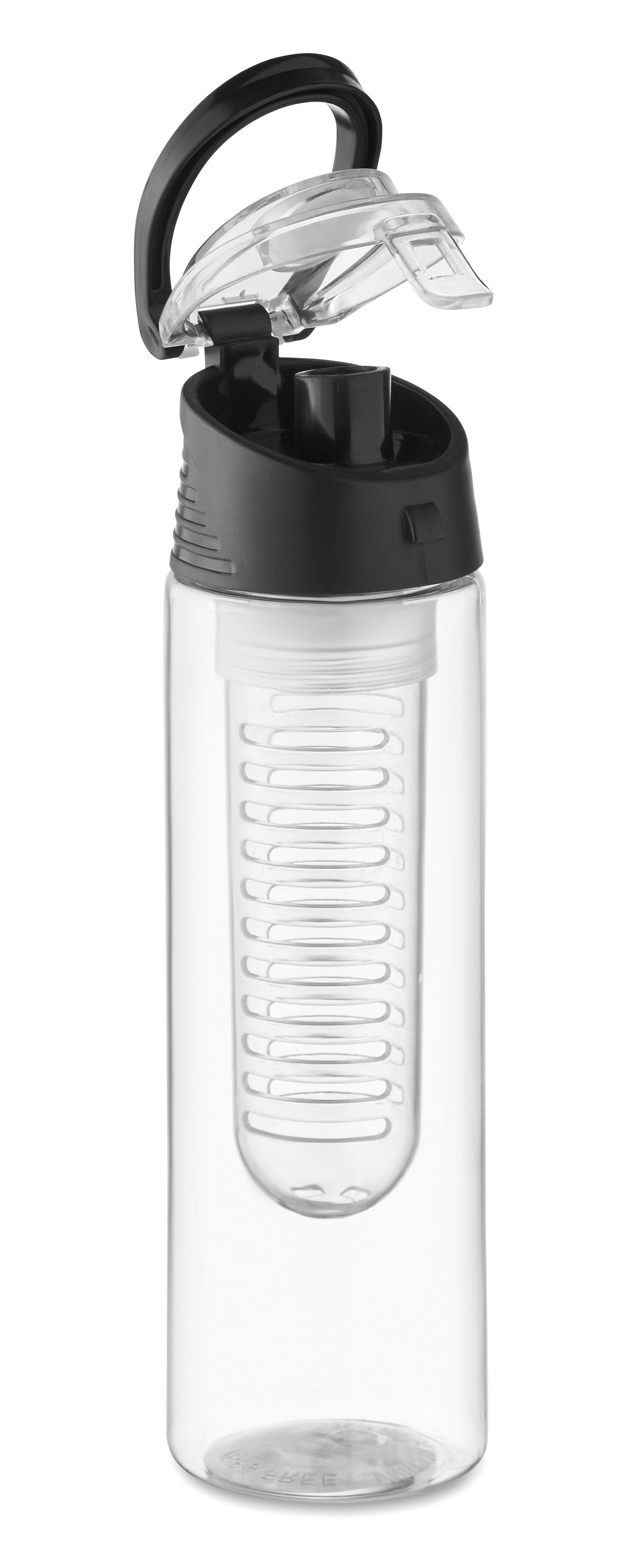 Trinkflasche aus RPET mit entnehmbarem Frucht-Aromafach. Henkel und auslaufsicherer Deckel. Füllmenge: 500