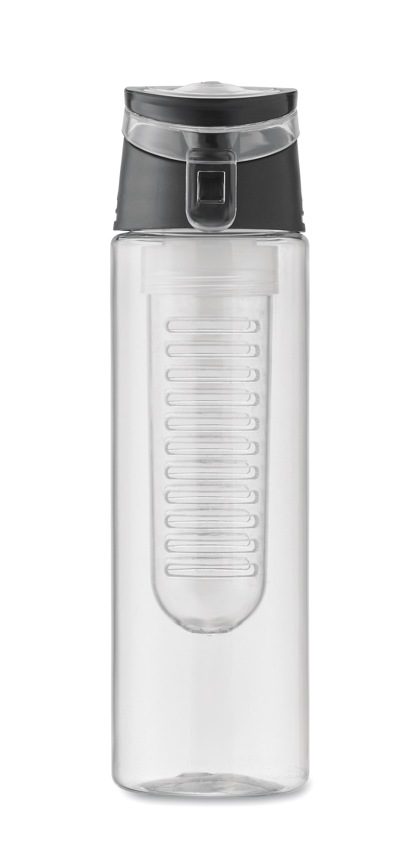 Trinkflasche aus RPET mit entnehmbarem Frucht-Aromafach. Henkel und auslaufsicherer Deckel. Füllmenge: 500