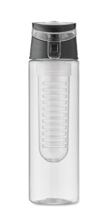 Trinkflasche aus RPET mit entnehmbarem Frucht-Aromafach. Henkel und auslaufsicherer Deckel. Füllmenge: 500