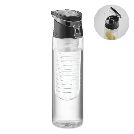Trinkflasche aus RPET mit entnehmbarem Frucht-Aromafach. Henkel und auslaufsicherer Deckel. Füllmenge: 500