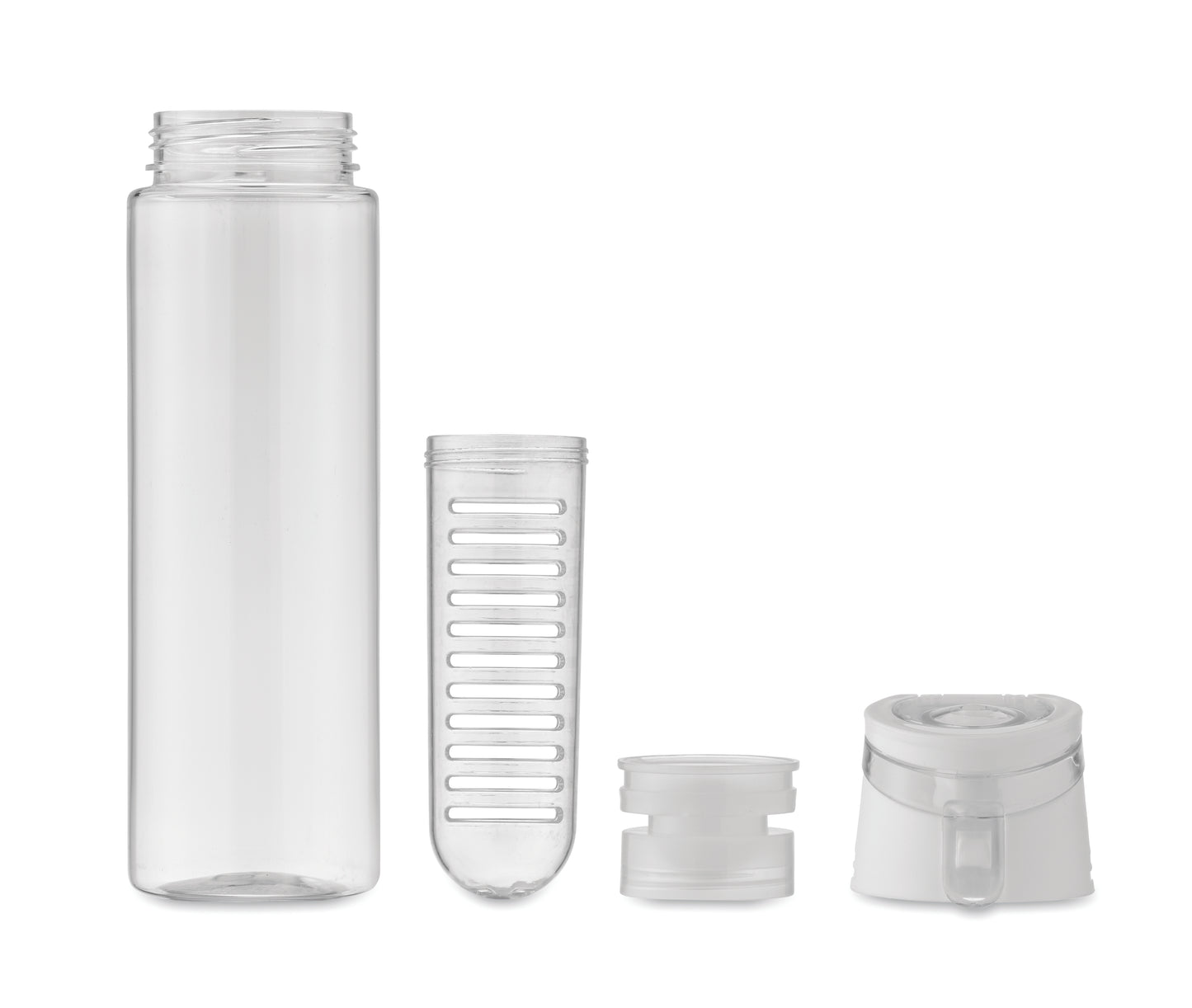 Trinkflasche aus RPET mit entnehmbarem Frucht-Aromafach. Henkel und auslaufsicherer Deckel. Füllmenge: 500