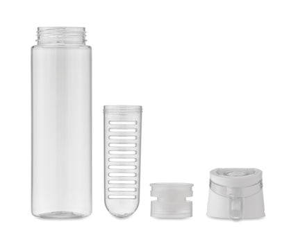 Trinkflasche aus RPET mit entnehmbarem Frucht-Aromafach. Henkel und auslaufsicherer Deckel. Füllmenge: 500