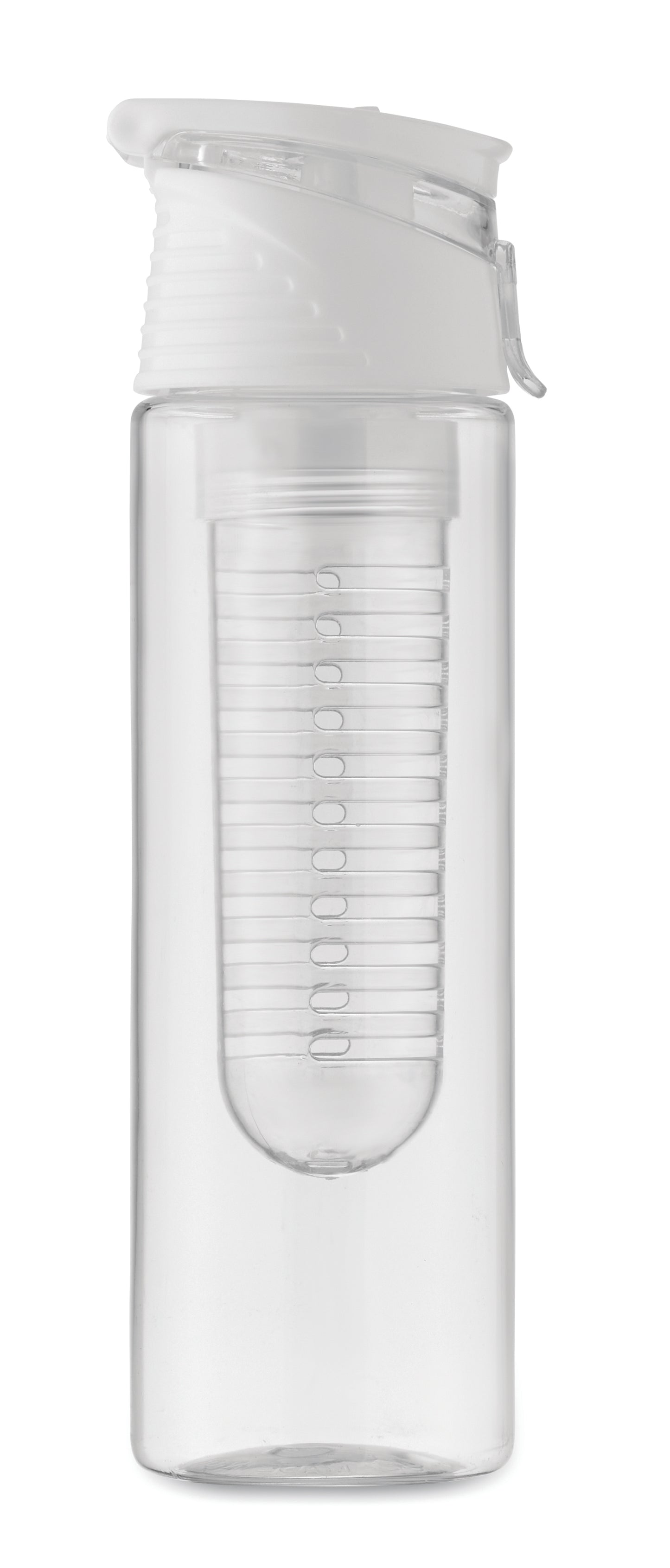 Trinkflasche aus RPET mit entnehmbarem Frucht-Aromafach. Henkel und auslaufsicherer Deckel. Füllmenge: 500