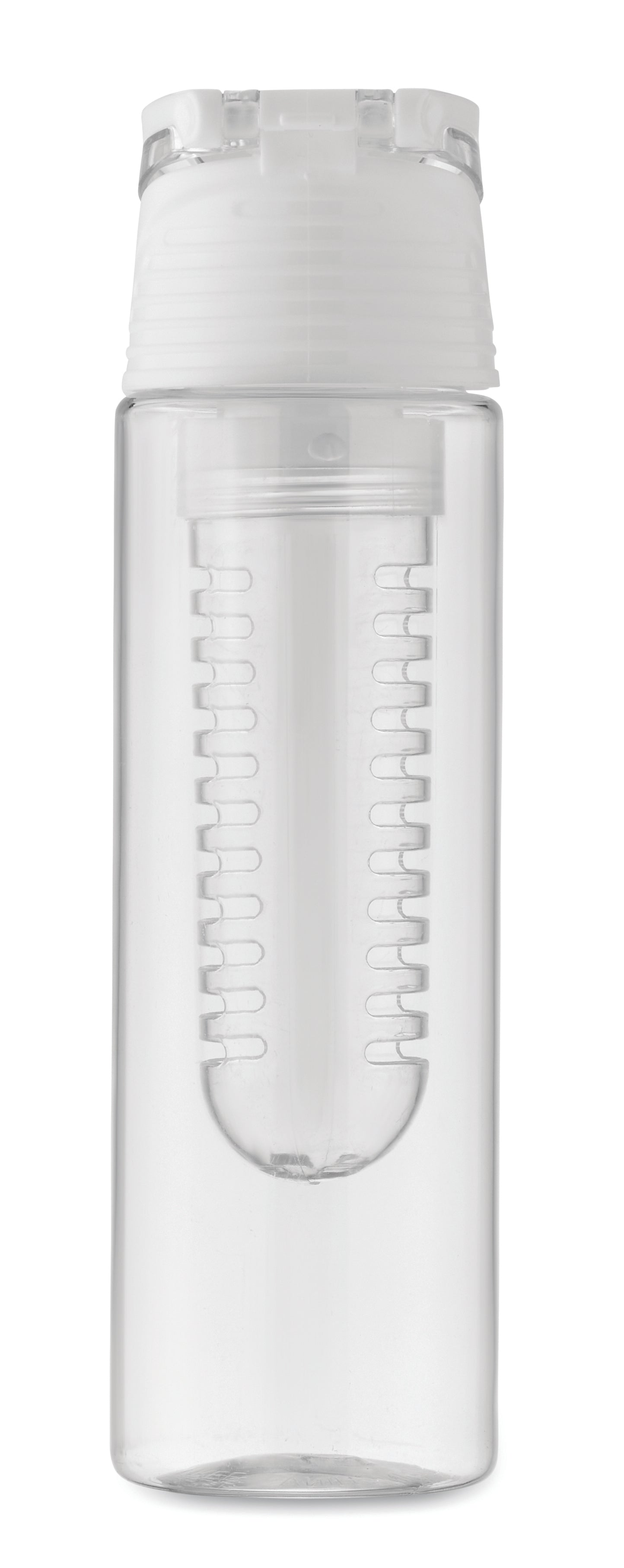 Trinkflasche aus RPET mit entnehmbarem Frucht-Aromafach. Henkel und auslaufsicherer Deckel. Füllmenge: 500