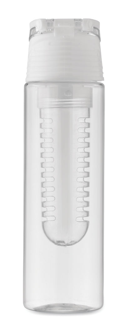 Trinkflasche aus RPET mit entnehmbarem Frucht-Aromafach. Henkel und auslaufsicherer Deckel. Füllmenge: 500