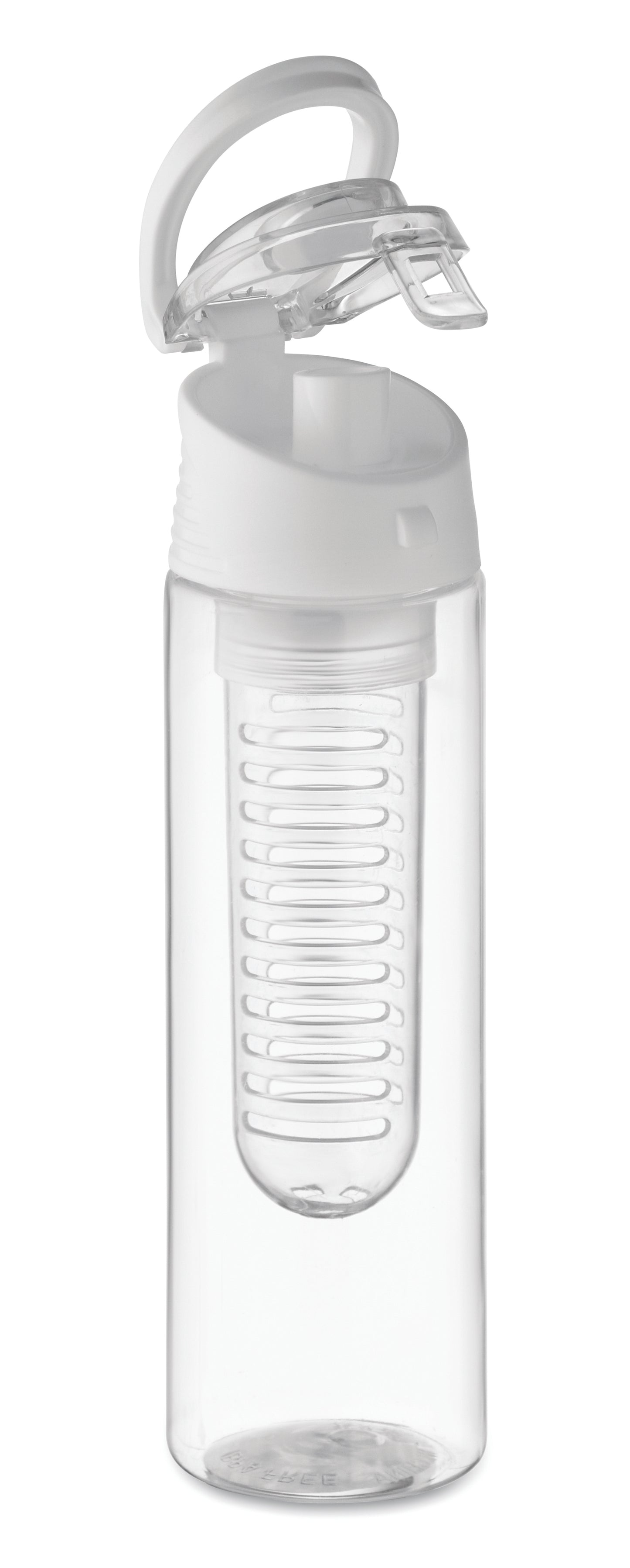 Trinkflasche aus RPET mit entnehmbarem Frucht-Aromafach. Henkel und auslaufsicherer Deckel. Füllmenge: 500