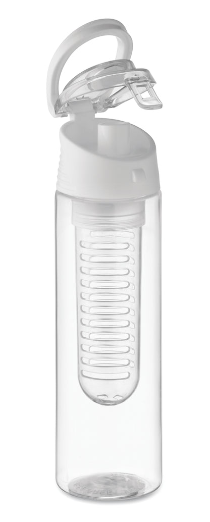 Trinkflasche aus RPET mit entnehmbarem Frucht-Aromafach. Henkel und auslaufsicherer Deckel. Füllmenge: 500