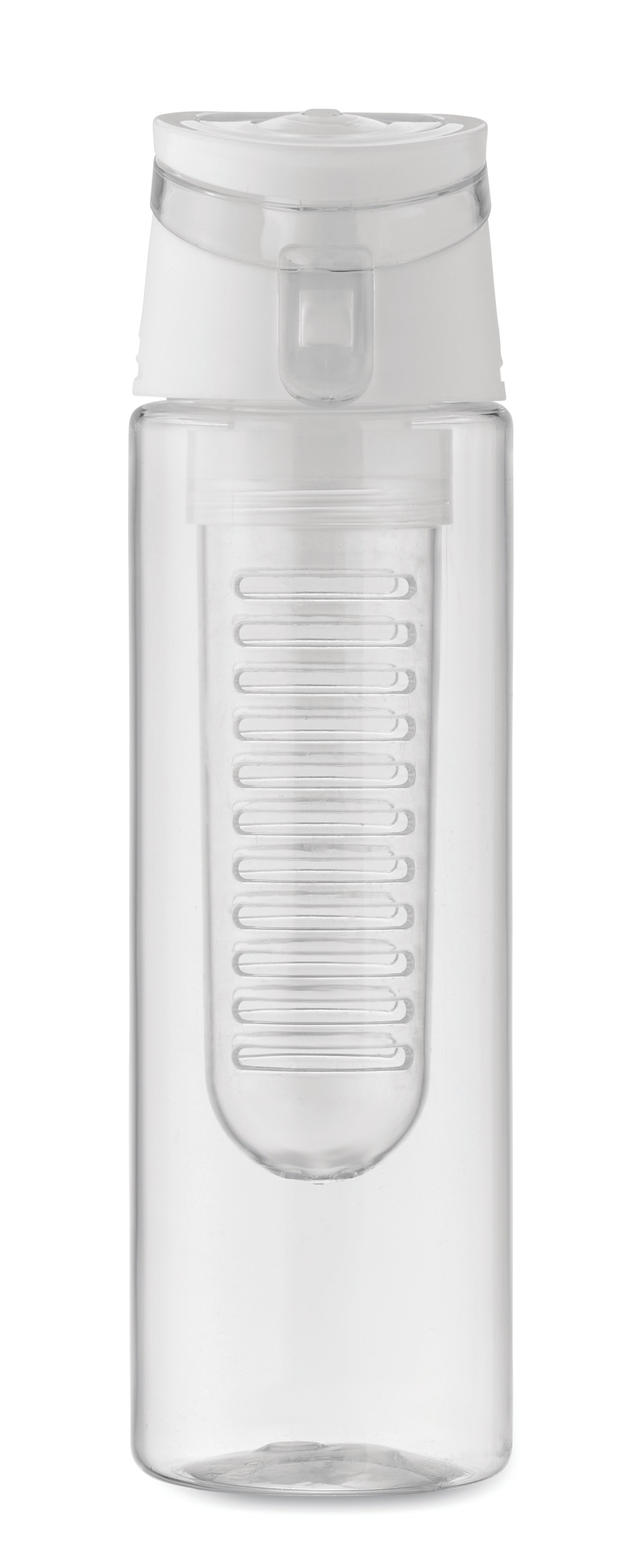 Trinkflasche aus RPET mit entnehmbarem Frucht-Aromafach. Henkel und auslaufsicherer Deckel. Füllmenge: 500