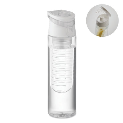 Trinkflasche aus RPET mit entnehmbarem Frucht-Aromafach. Henkel und auslaufsicherer Deckel. Füllmenge: 500