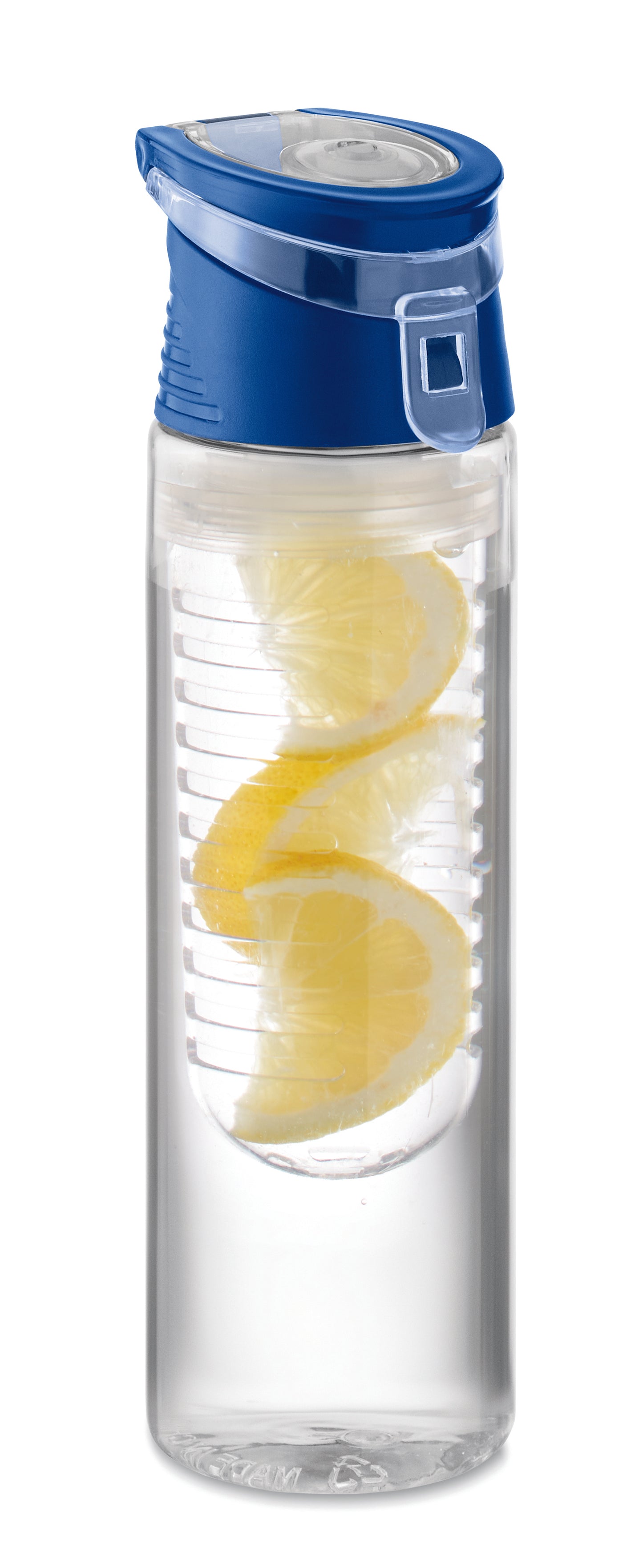 Trinkflasche aus RPET mit entnehmbarem Frucht-Aromafach. Henkel und auslaufsicherer Deckel. Füllmenge: 500