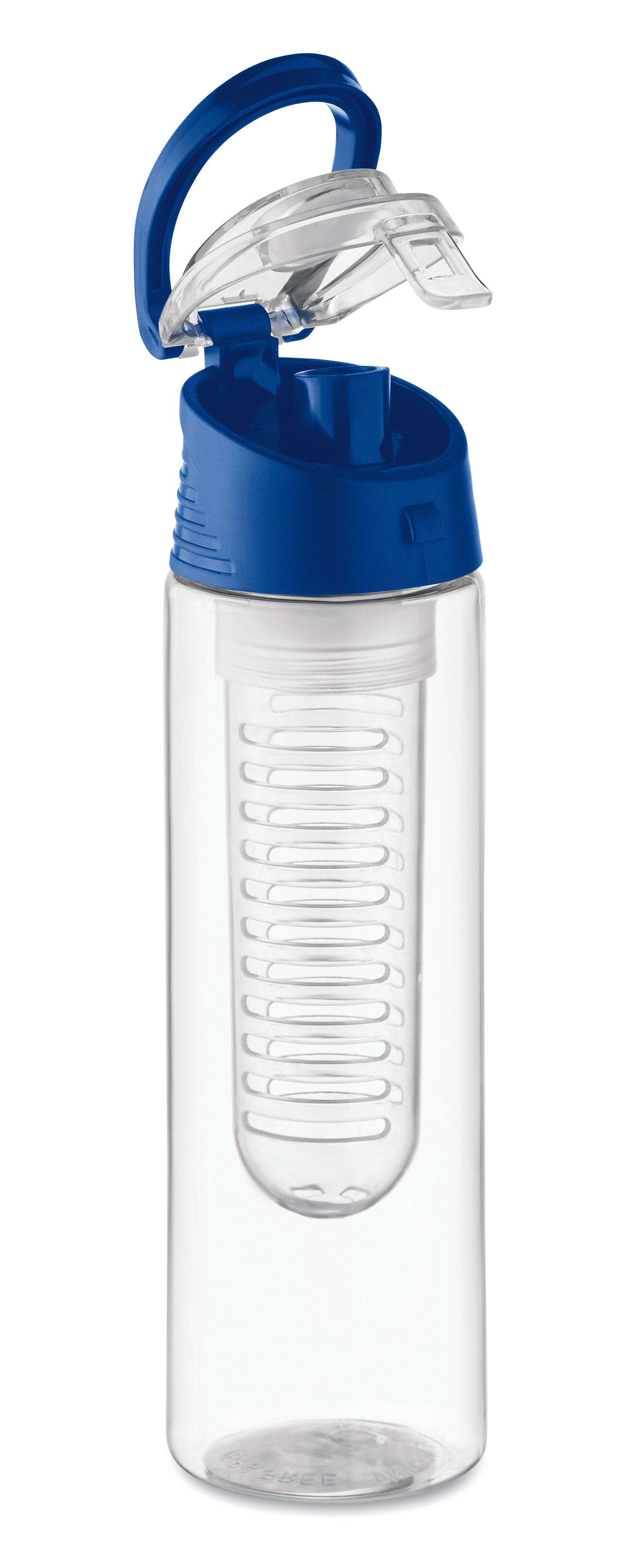 Trinkflasche aus RPET mit entnehmbarem Frucht-Aromafach. Henkel und auslaufsicherer Deckel. Füllmenge: 500