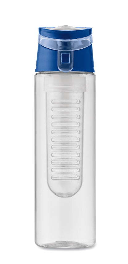 Trinkflasche aus RPET mit entnehmbarem Frucht-Aromafach. Henkel und auslaufsicherer Deckel. Füllmenge: 500