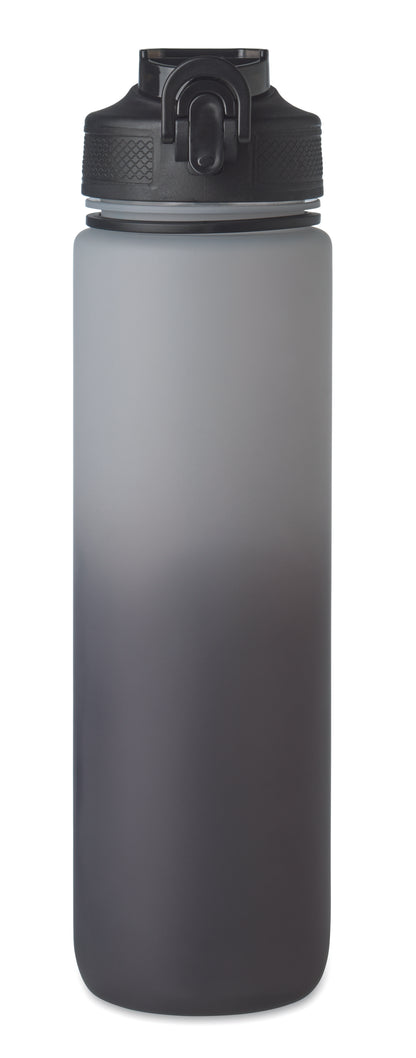 Sport-Trinkflasche aus RPET. Integrierter Trinkhalm weiches Silikonmundstück motivierende Zeitmarkierung einhändig zu öffnender