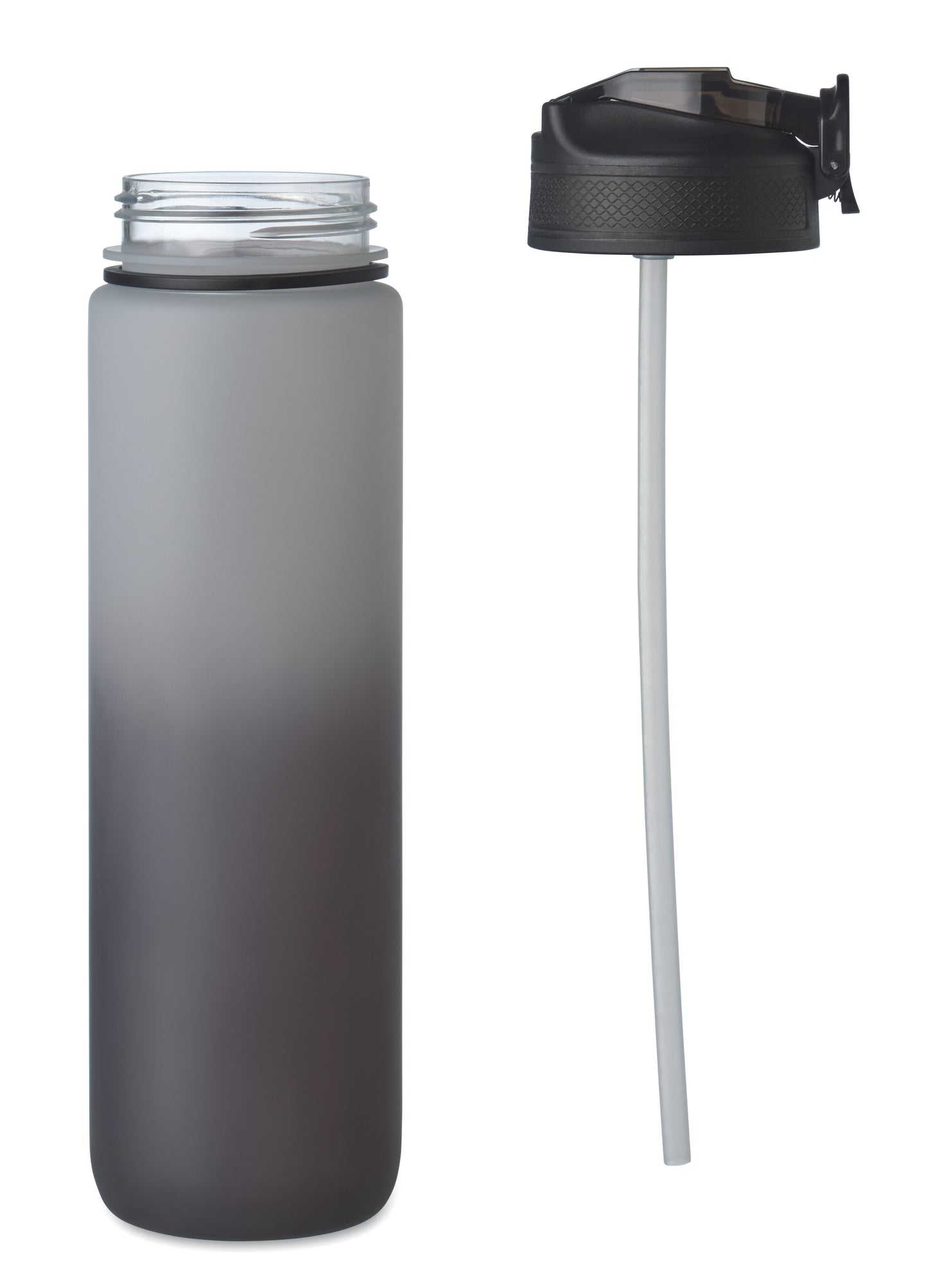 Sport-Trinkflasche aus RPET. Integrierter Trinkhalm weiches Silikonmundstück motivierende Zeitmarkierung einhändig zu öffnender