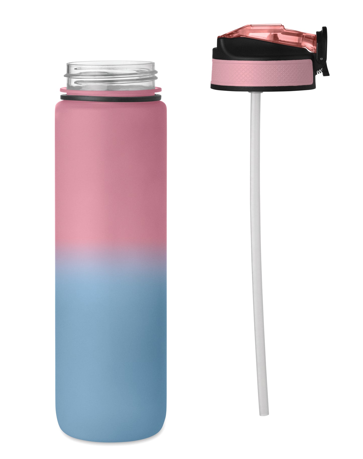 Sport-Trinkflasche aus RPET. Integrierter Trinkhalm weiches Silikonmundstück motivierende Zeitmarkierung einhändig zu öffnender