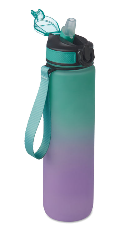Sport-Trinkflasche aus RPET. Integrierter Trinkhalm weiches Silikonmundstück motivierende Zeitmarkierung einhändig zu öffnender