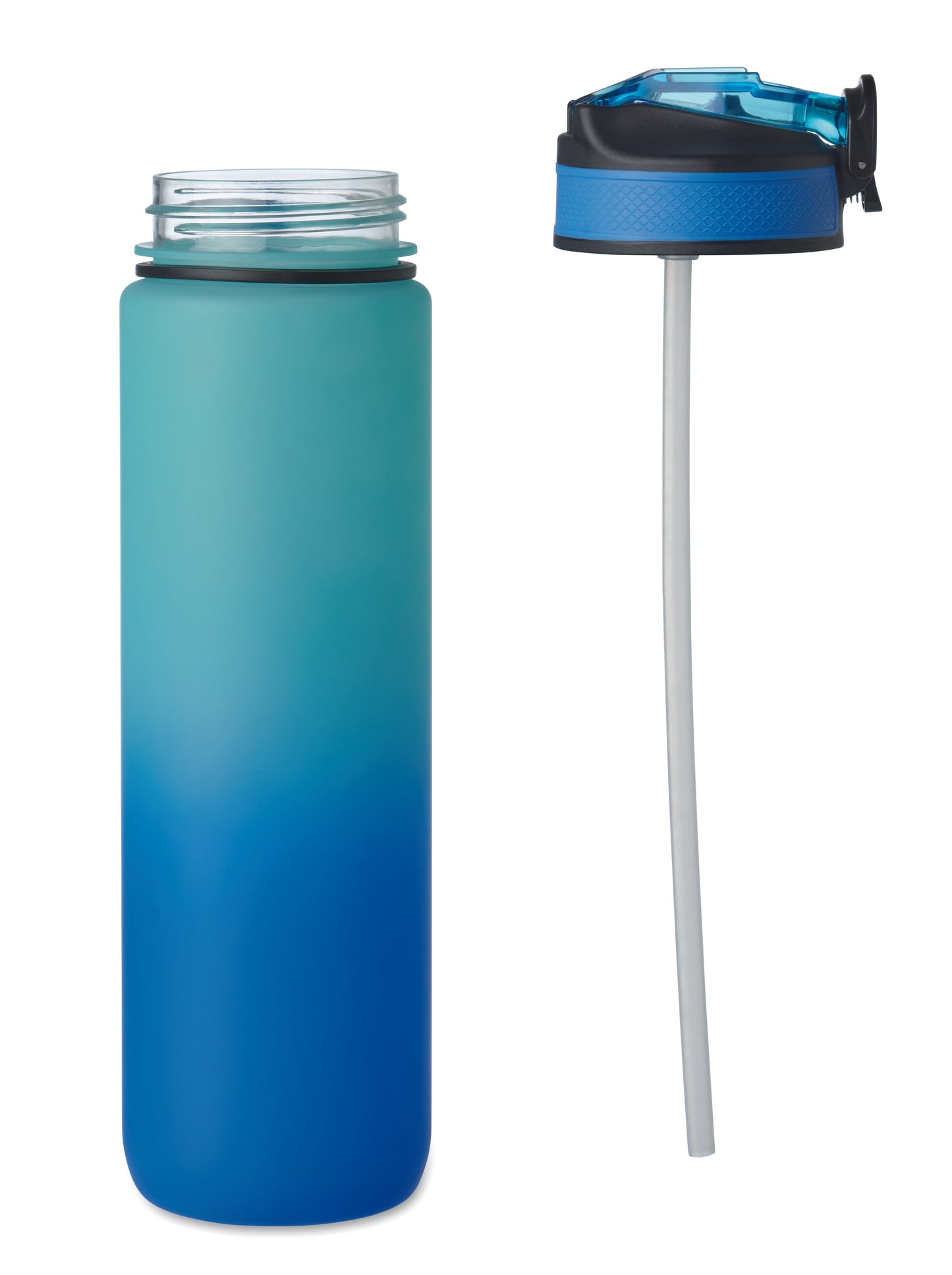 Sport-Trinkflasche aus RPET. Integrierter Trinkhalm weiches Silikonmundstück motivierende Zeitmarkierung einhändig zu öffnender