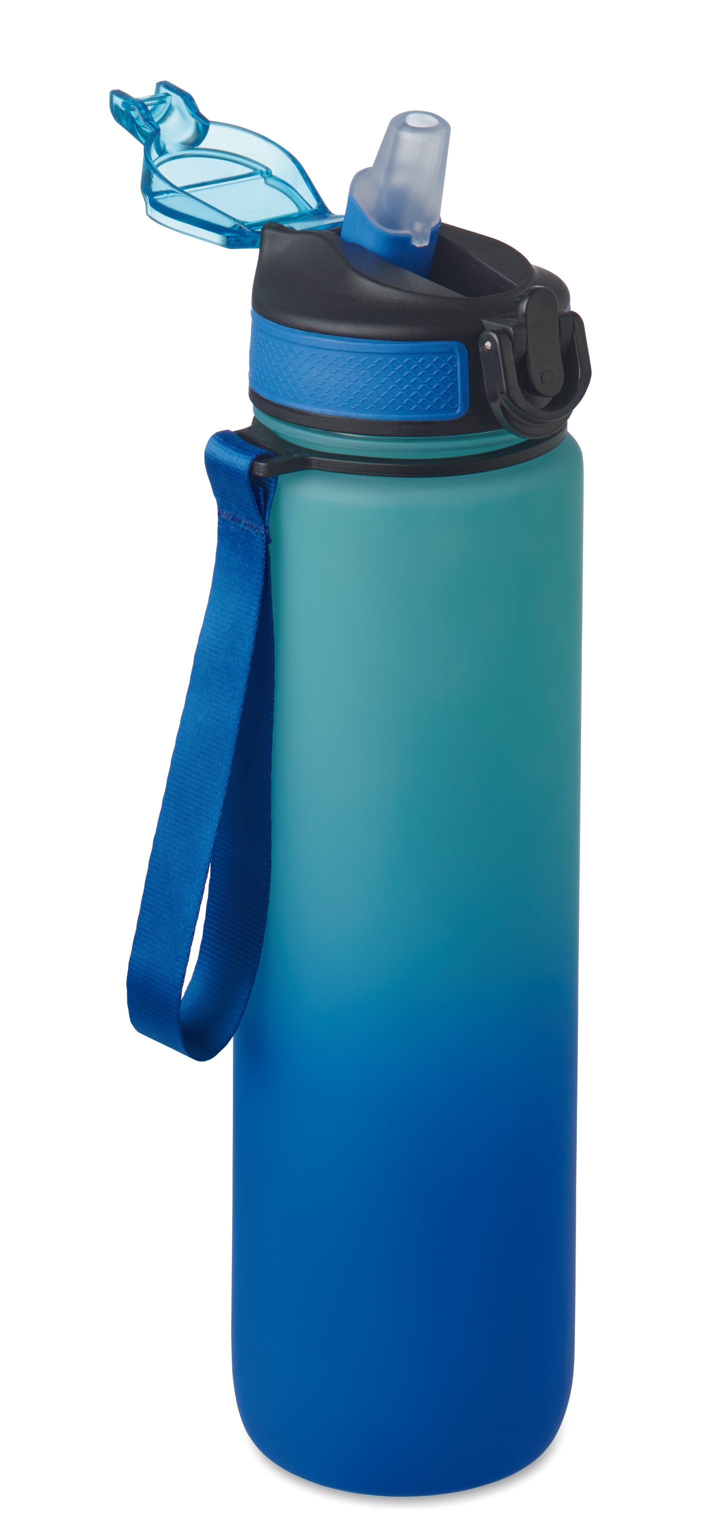 Sport-Trinkflasche aus RPET. Integrierter Trinkhalm weiches Silikonmundstück motivierende Zeitmarkierung einhändig zu öffnender
