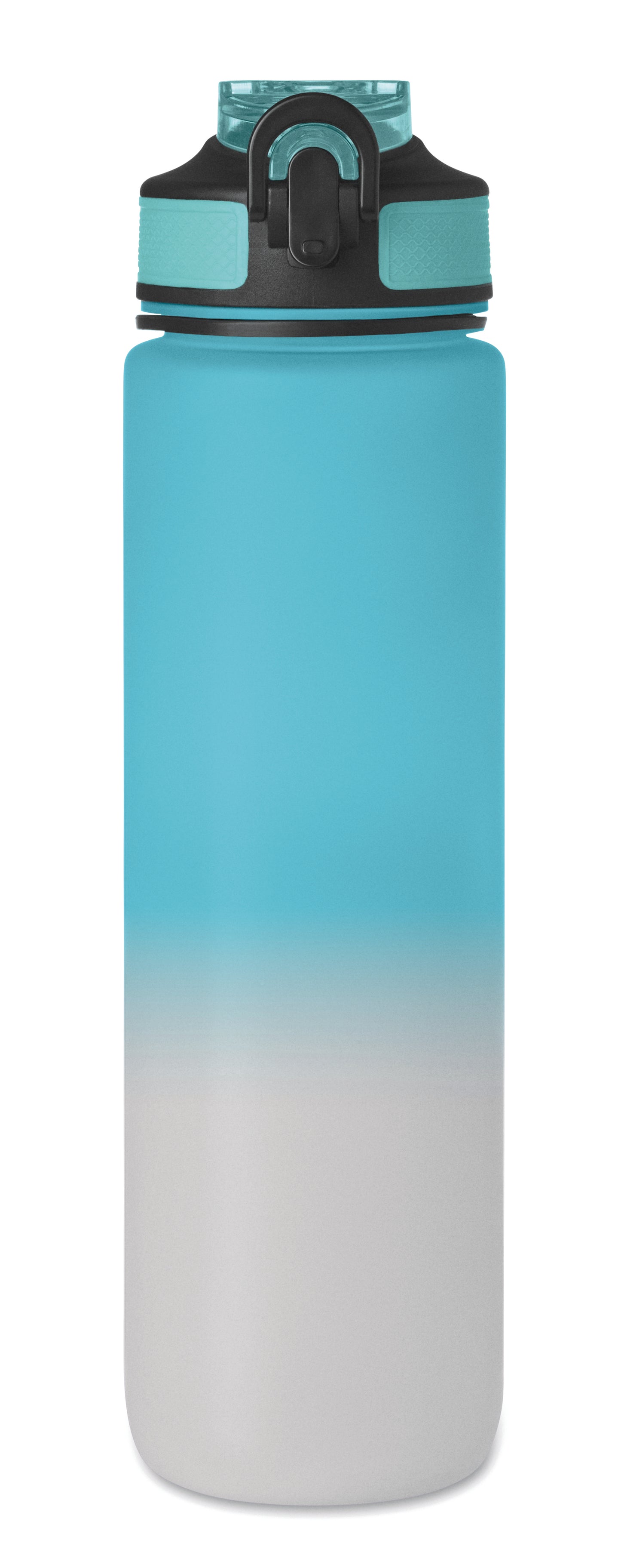 Sport-Trinkflasche aus RPET. Integrierter Trinkhalm weiches Silikonmundstück motivierende Zeitmarkierung einhändig zu öffnender