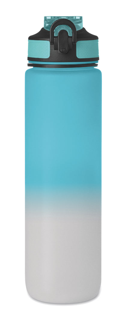 Sport-Trinkflasche aus RPET. Integrierter Trinkhalm weiches Silikonmundstück motivierende Zeitmarkierung einhändig zu öffnender