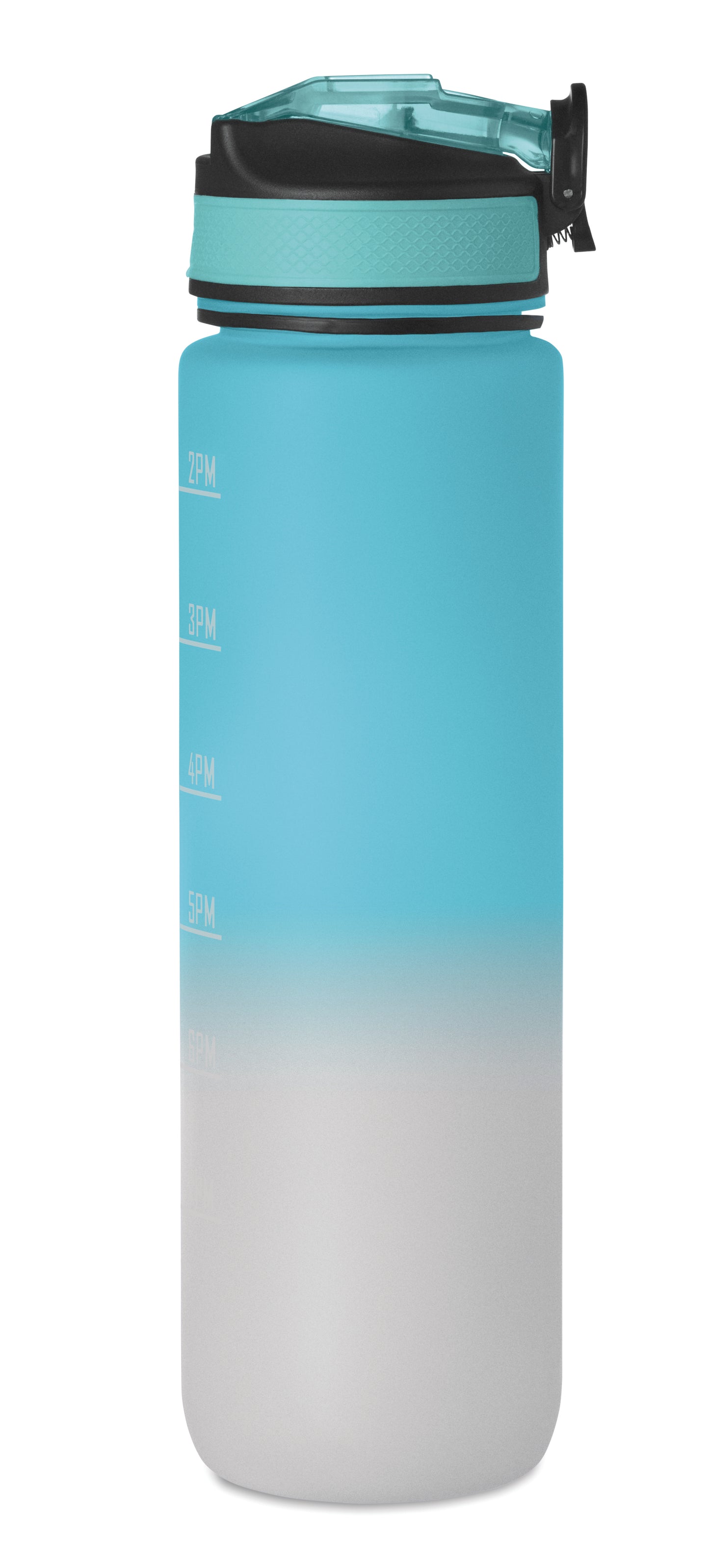 Sport-Trinkflasche aus RPET. Integrierter Trinkhalm weiches Silikonmundstück motivierende Zeitmarkierung einhändig zu öffnender