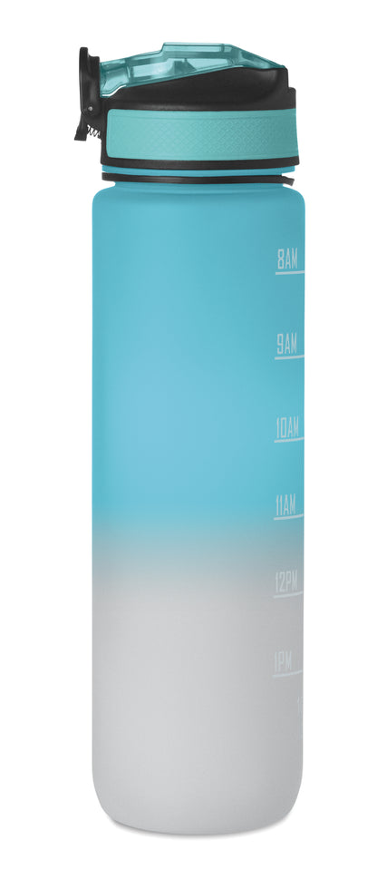 Sport-Trinkflasche aus RPET. Integrierter Trinkhalm weiches Silikonmundstück motivierende Zeitmarkierung einhändig zu öffnender