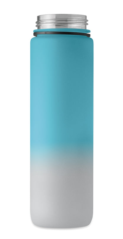 Sport-Trinkflasche aus RPET. Integrierter Trinkhalm weiches Silikonmundstück motivierende Zeitmarkierung einhändig zu öffnender