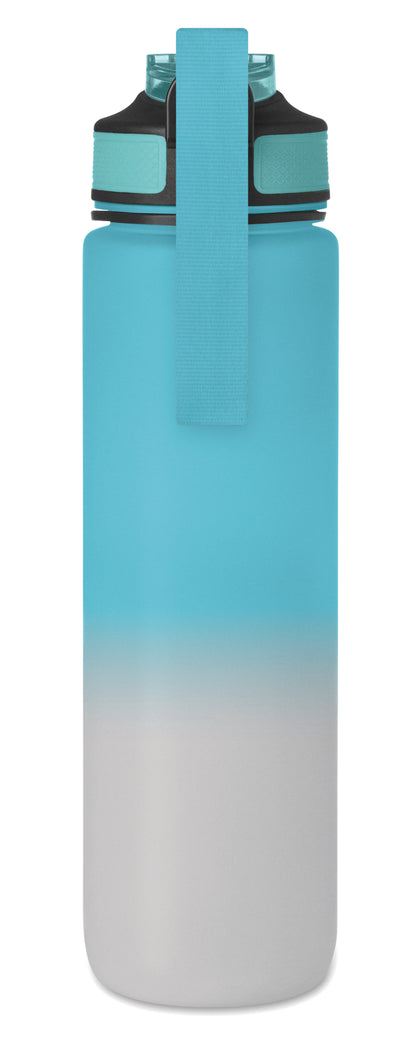Sport-Trinkflasche aus RPET. Integrierter Trinkhalm weiches Silikonmundstück motivierende Zeitmarkierung einhändig zu öffnender