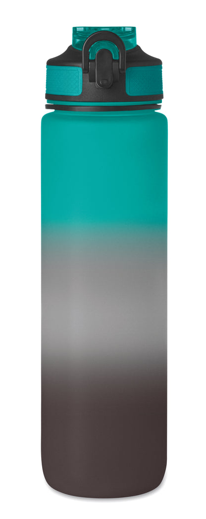 Sport-Trinkflasche aus RPET. Integrierter Trinkhalm weiches Silikonmundstück motivierende Zeitmarkierung einhändig zu öffnender